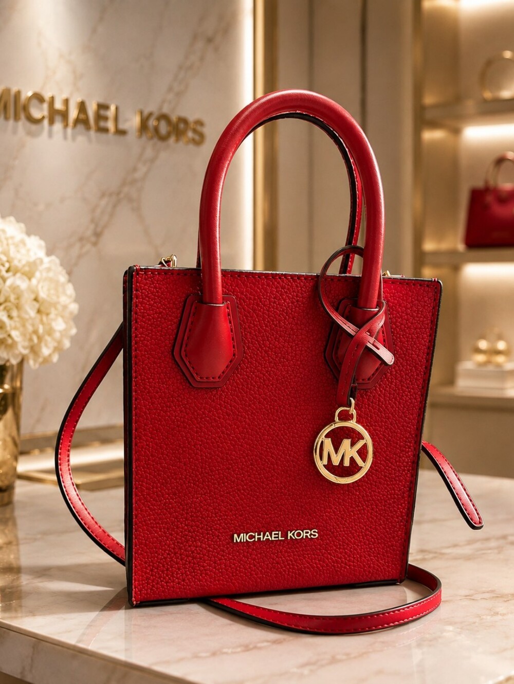 Michael Kors Mercer Red Pebbled Leather Mini Crossbody Tote Bag Gold NWT - Picture 1 of 6